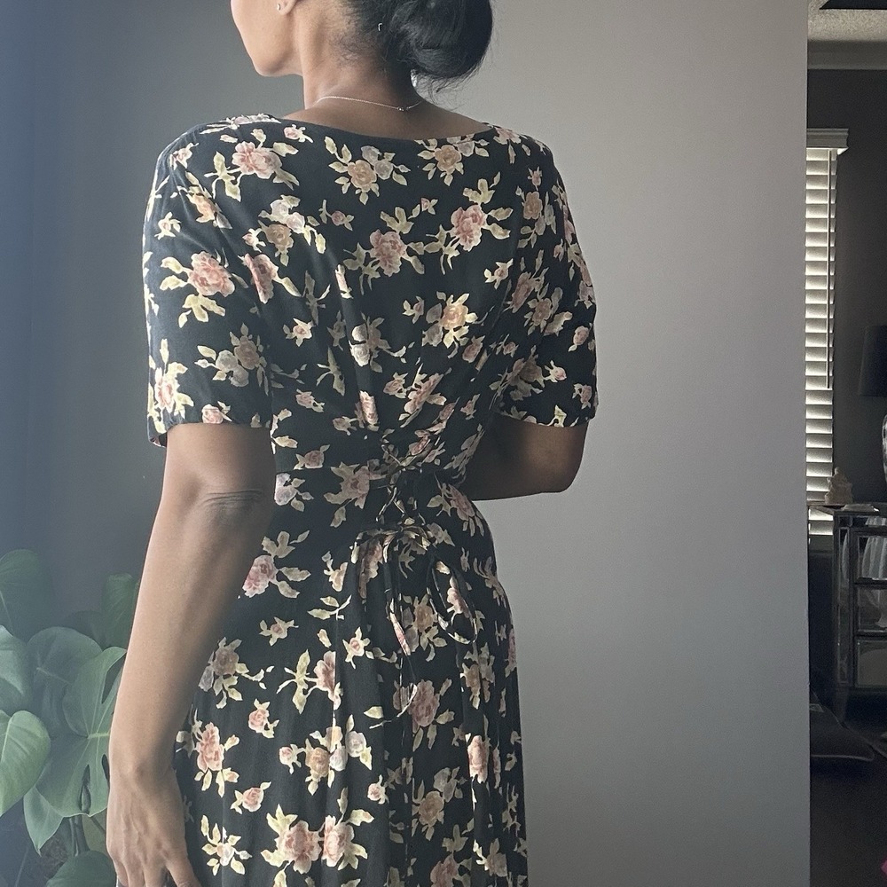 Vintage Ship N Shore Button Down Maxi Dress Womens 14 Black Floral Tie Back 90s - Picture 5 of 14